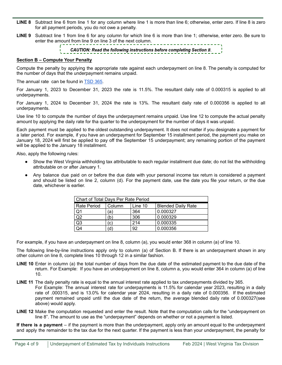 Form IT-210 Underpayment of Estimated Tax by Individuals Worksheet - West Virginia, Page 4