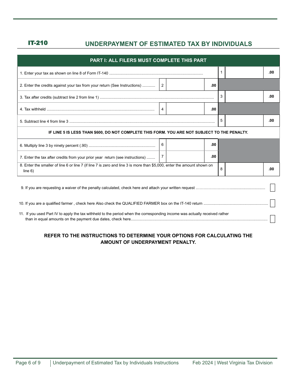 Form IT-210 Underpayment of Estimated Tax by Individuals Worksheet - West Virginia, Page 6