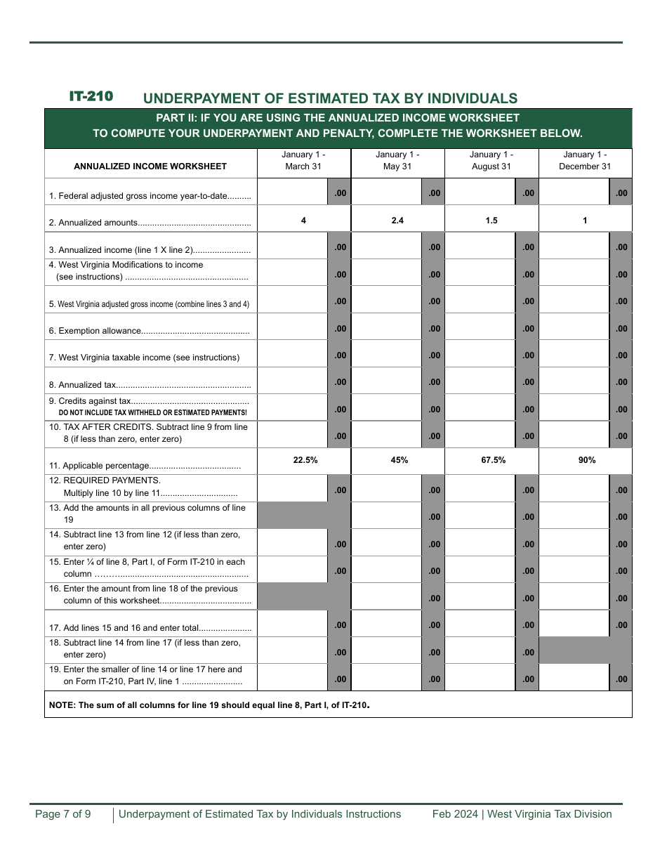 Form IT-210 Underpayment of Estimated Tax by Individuals Worksheet - West Virginia, Page 7