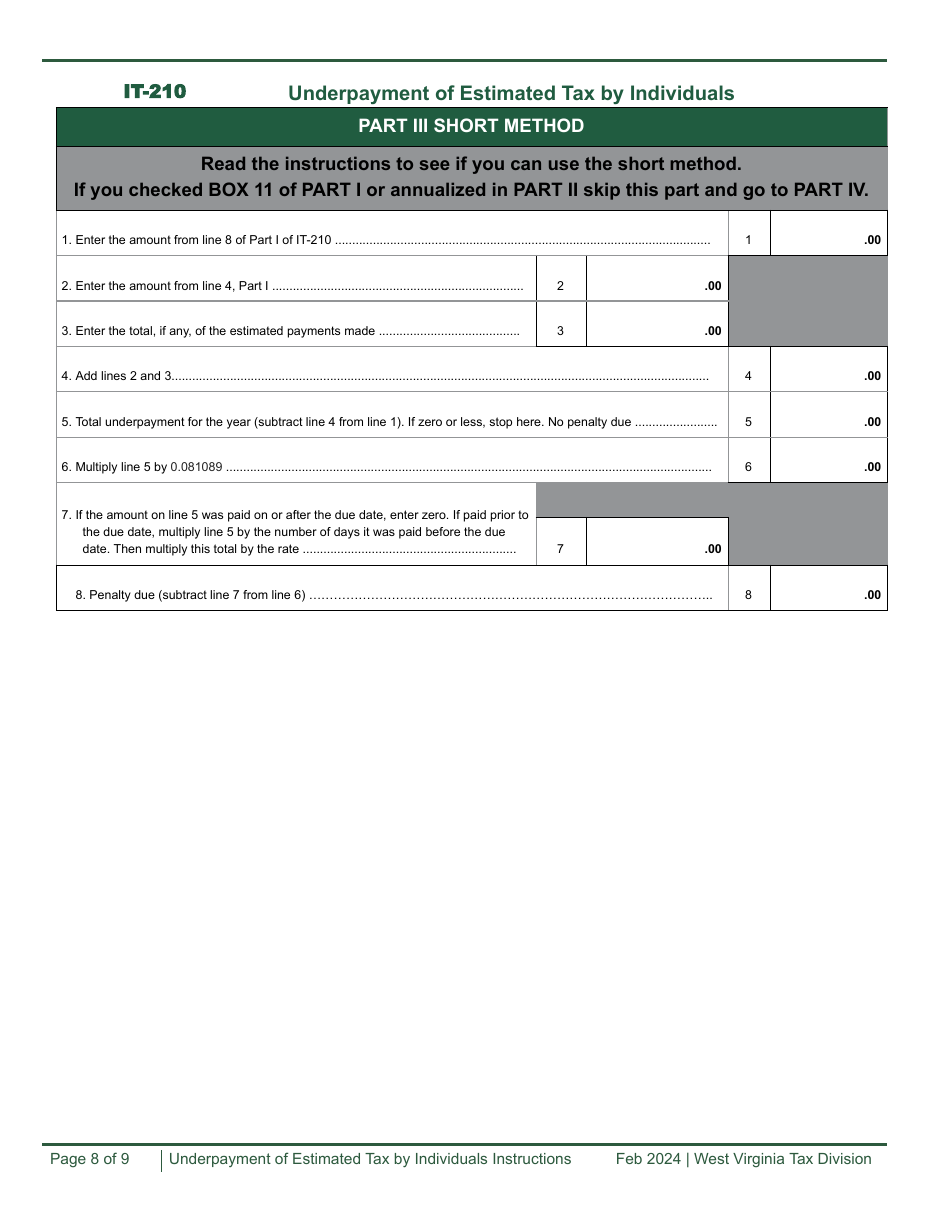 Form IT-210 Underpayment of Estimated Tax by Individuals Worksheet - West Virginia, Page 8