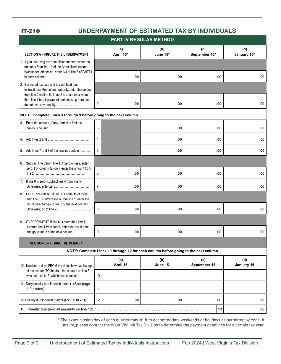 Form IT-210 Underpayment of Estimated Tax by Individuals Worksheet - West Virginia, Page 9