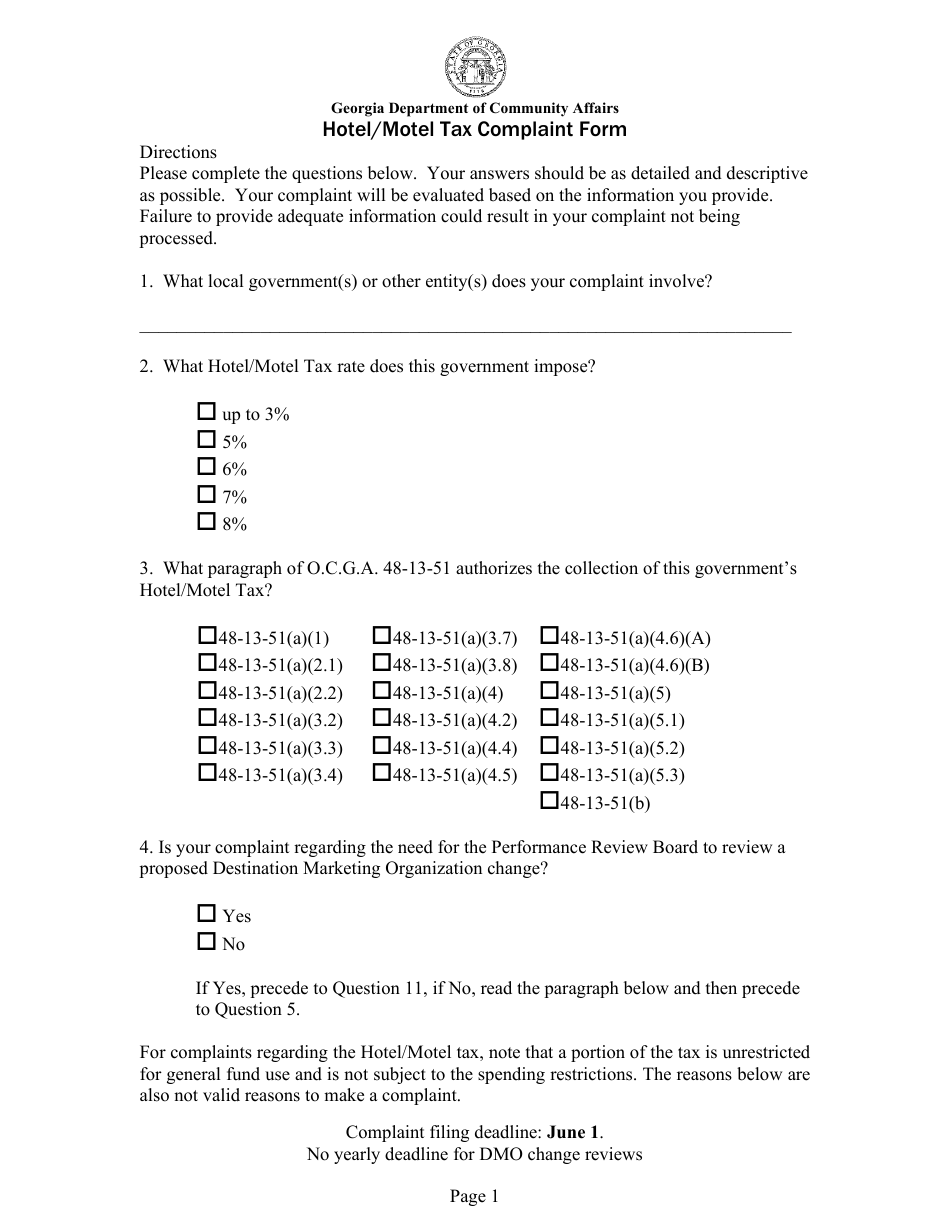 Hotel / Motel Tax Complaint Form - Georgia (United States), Page 1
