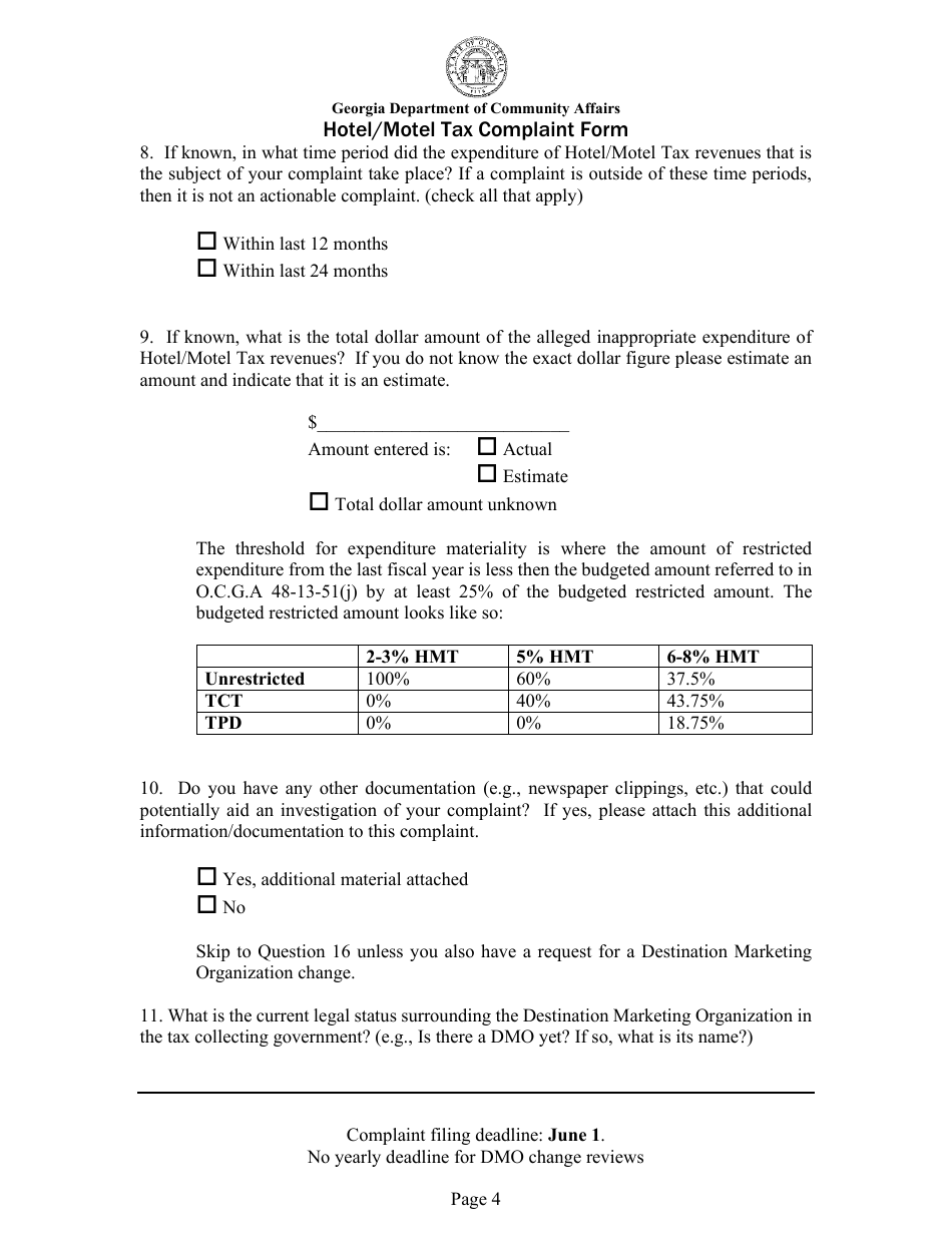 Hotel / Motel Tax Complaint Form - Georgia (United States), Page 4