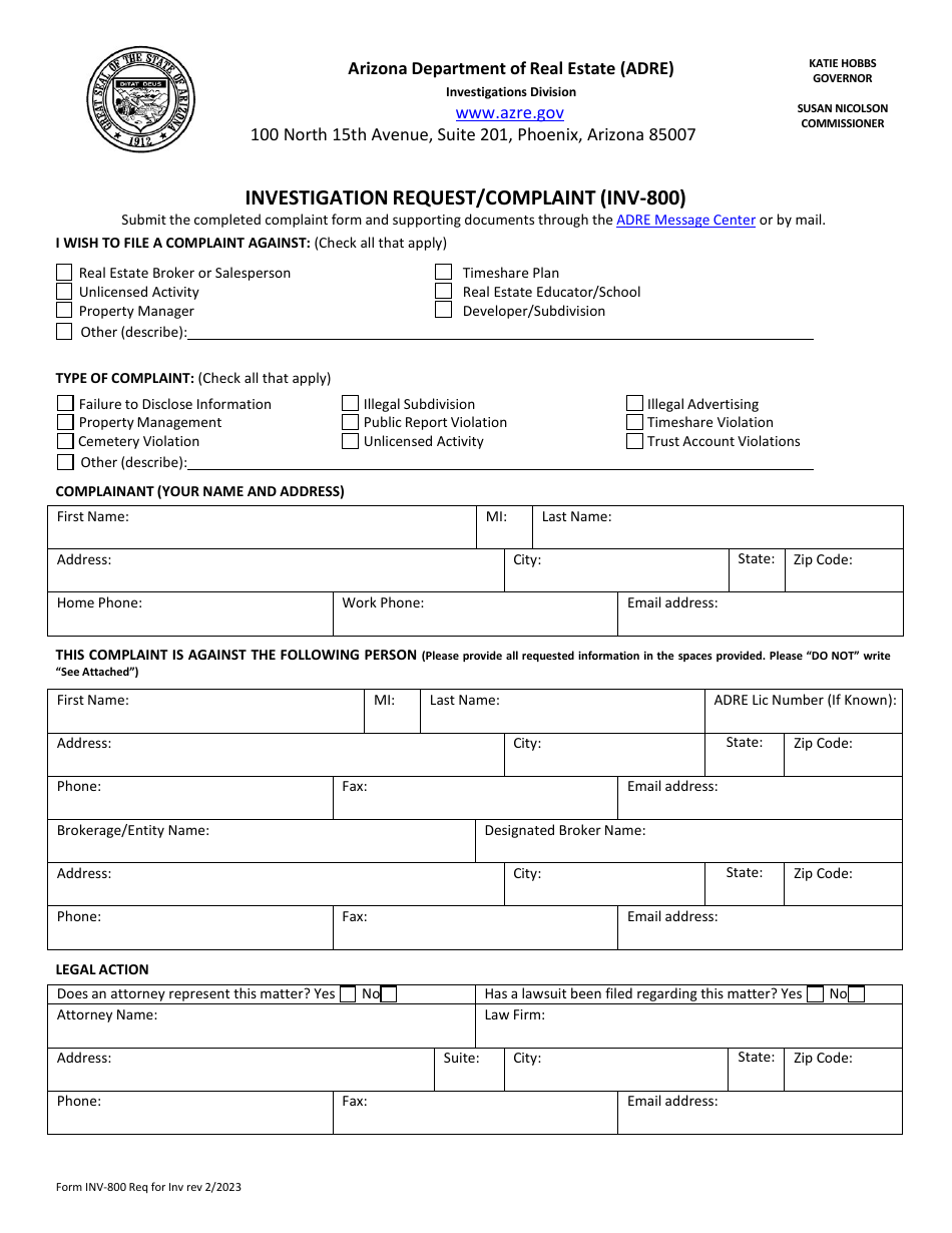 Form INV-800 Investigation Request / Complaint - Arizona, Page 2