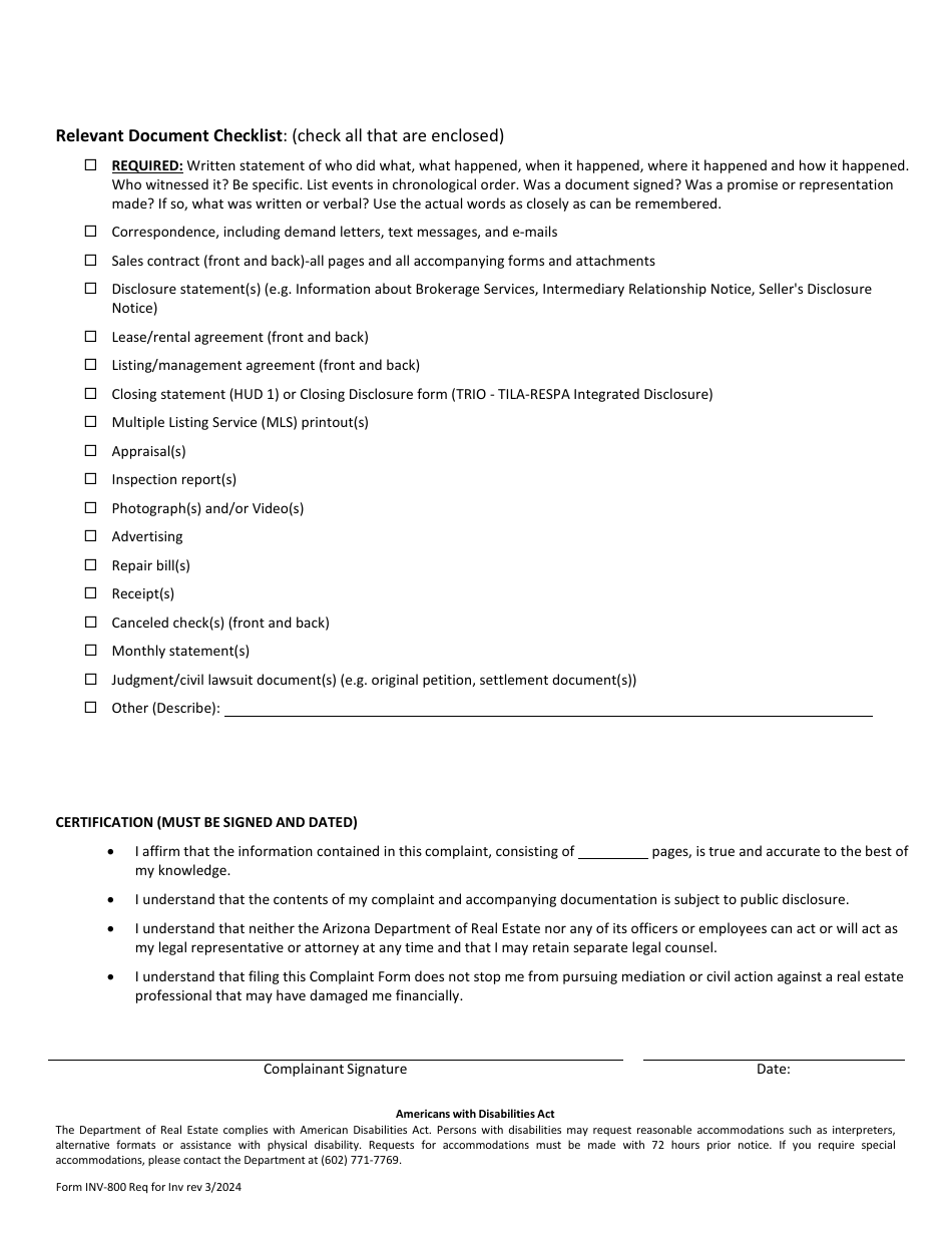 Form INV-800 Investigation Request / Complaint - Arizona, Page 4