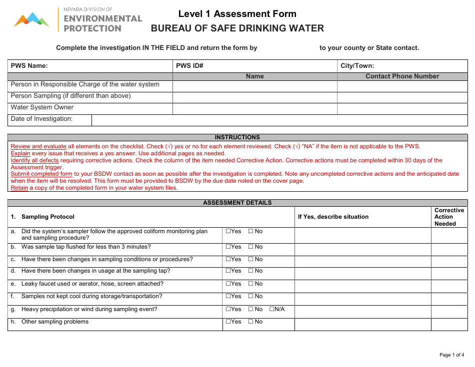 Level 1 Assessment Form - Nevada, Page 1