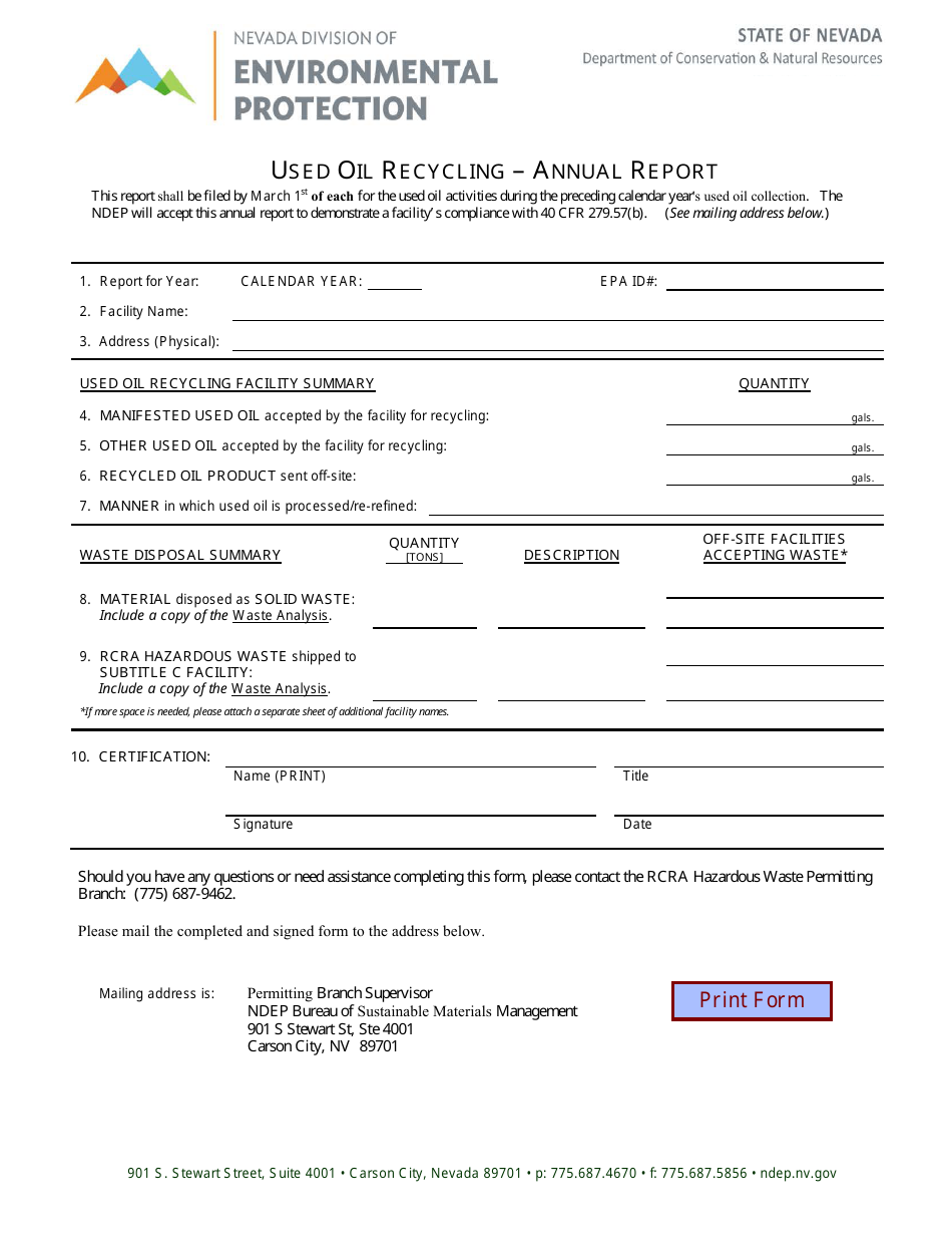 Used Oil Recycling - Annual Report - Nevada, Page 1