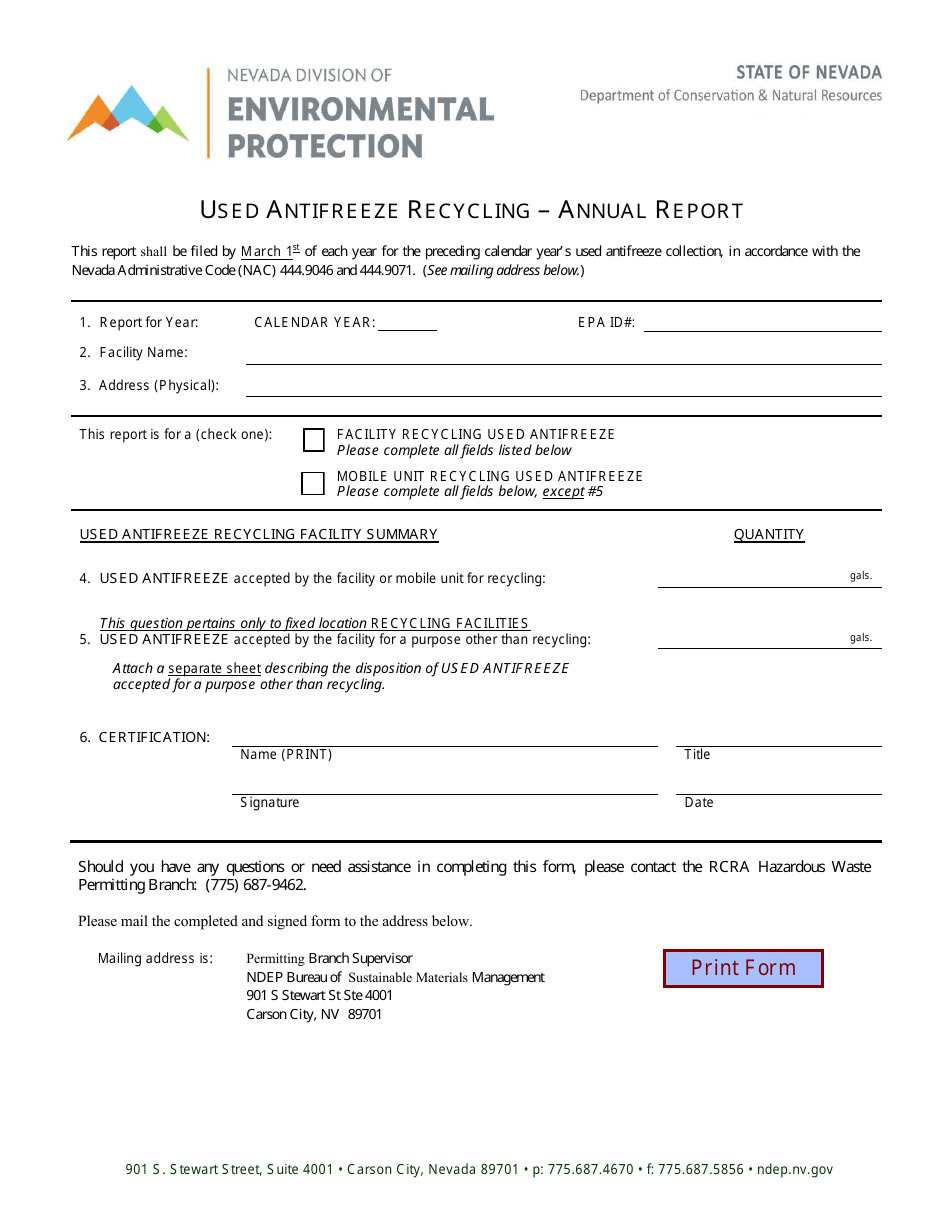 Used Antifreeze Recycling - Annual Report - Nevada, Page 1