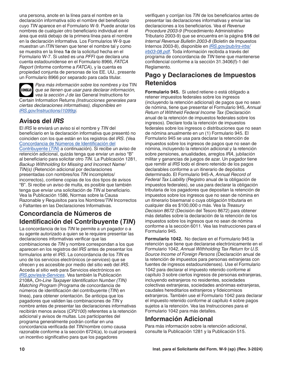 Instrucciones para IRS Formulario W-9 (SP) Solicitud Y Certificacion Del Numero De Identificacion Del Contribuyente (Spanish), Page 10