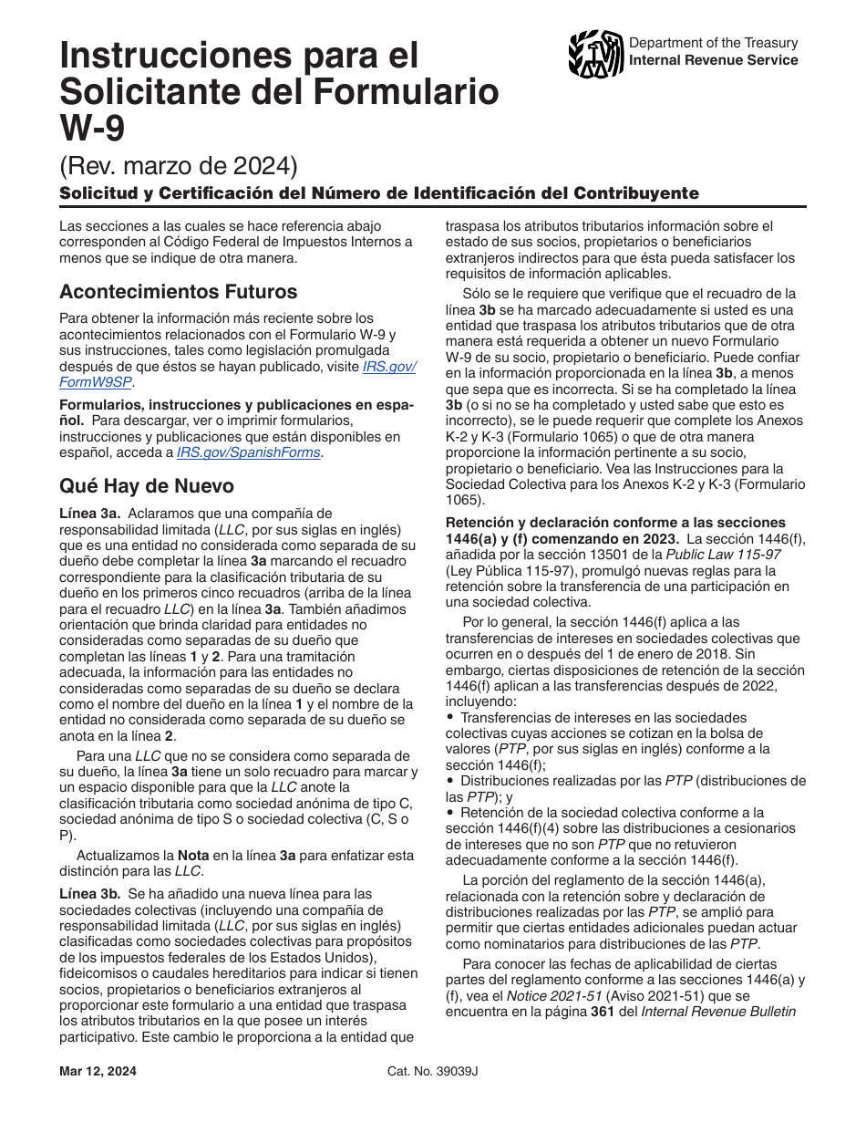 Instrucciones para IRS Formulario W-9 (SP) Solicitud Y Certificacion Del Numero De Identificacion Del Contribuyente (Spanish), Page 1