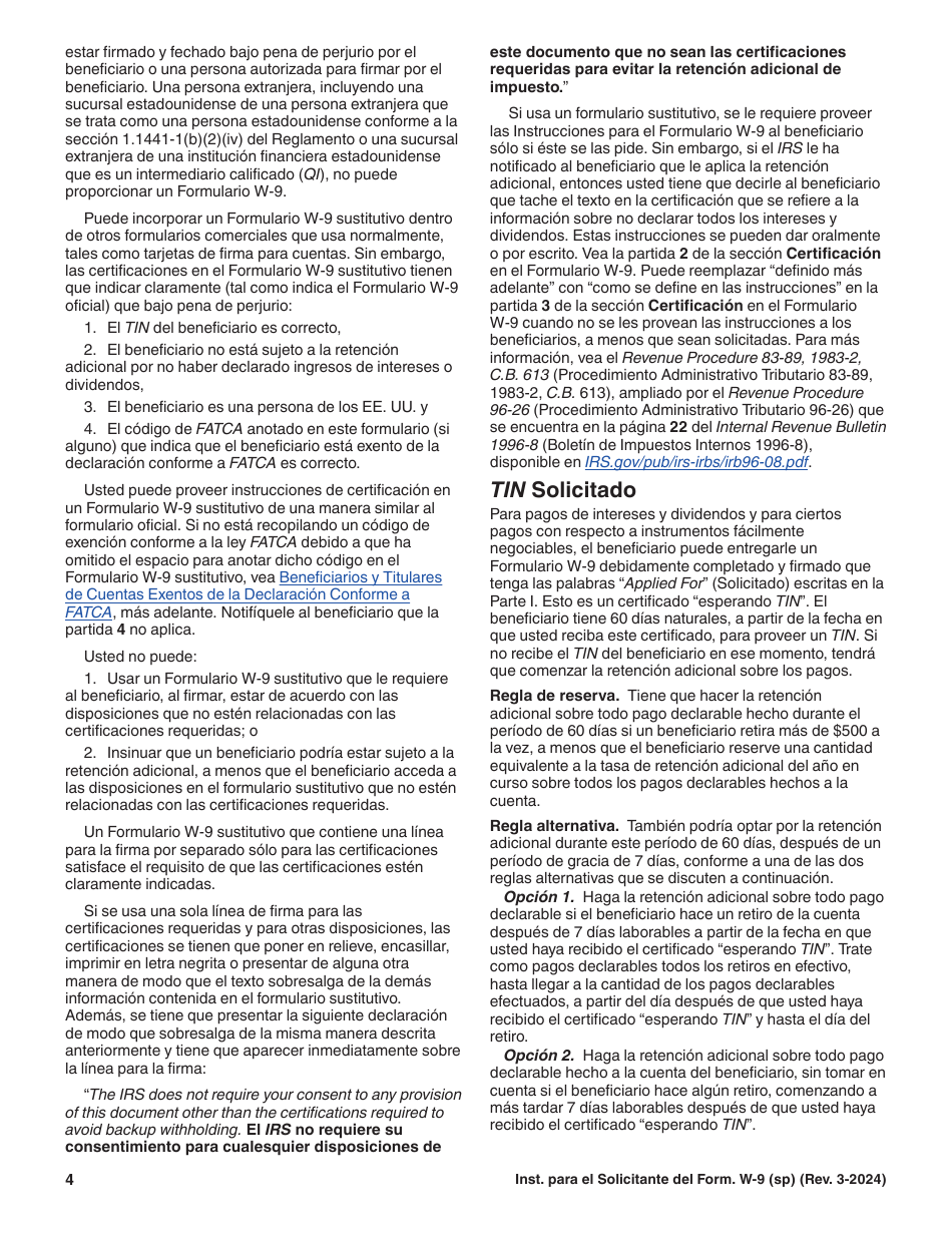 Instrucciones para IRS Formulario W-9 (SP) Solicitud Y Certificacion Del Numero De Identificacion Del Contribuyente (Spanish), Page 4