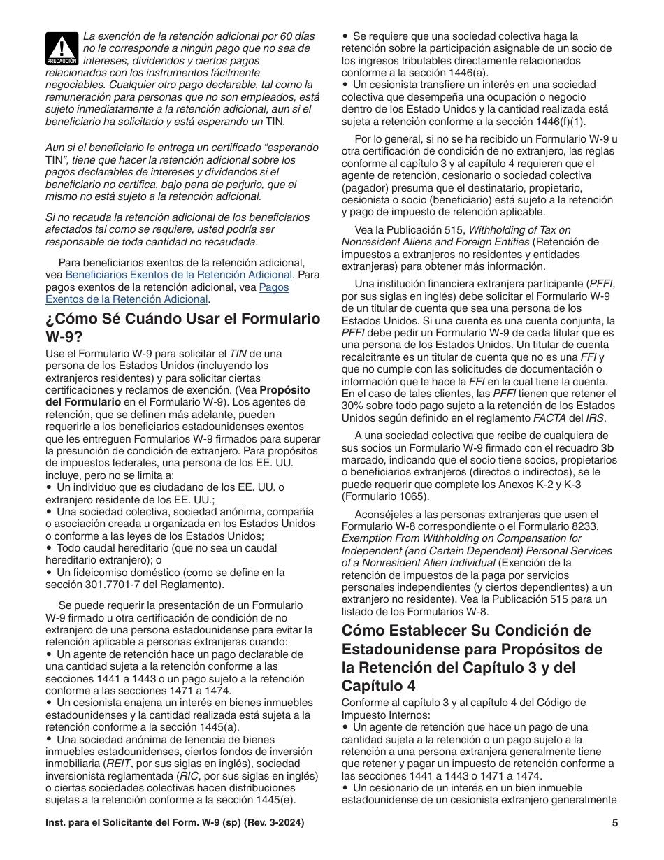 Instrucciones para IRS Formulario W-9 (SP) Solicitud Y Certificacion Del Numero De Identificacion Del Contribuyente (Spanish), Page 5