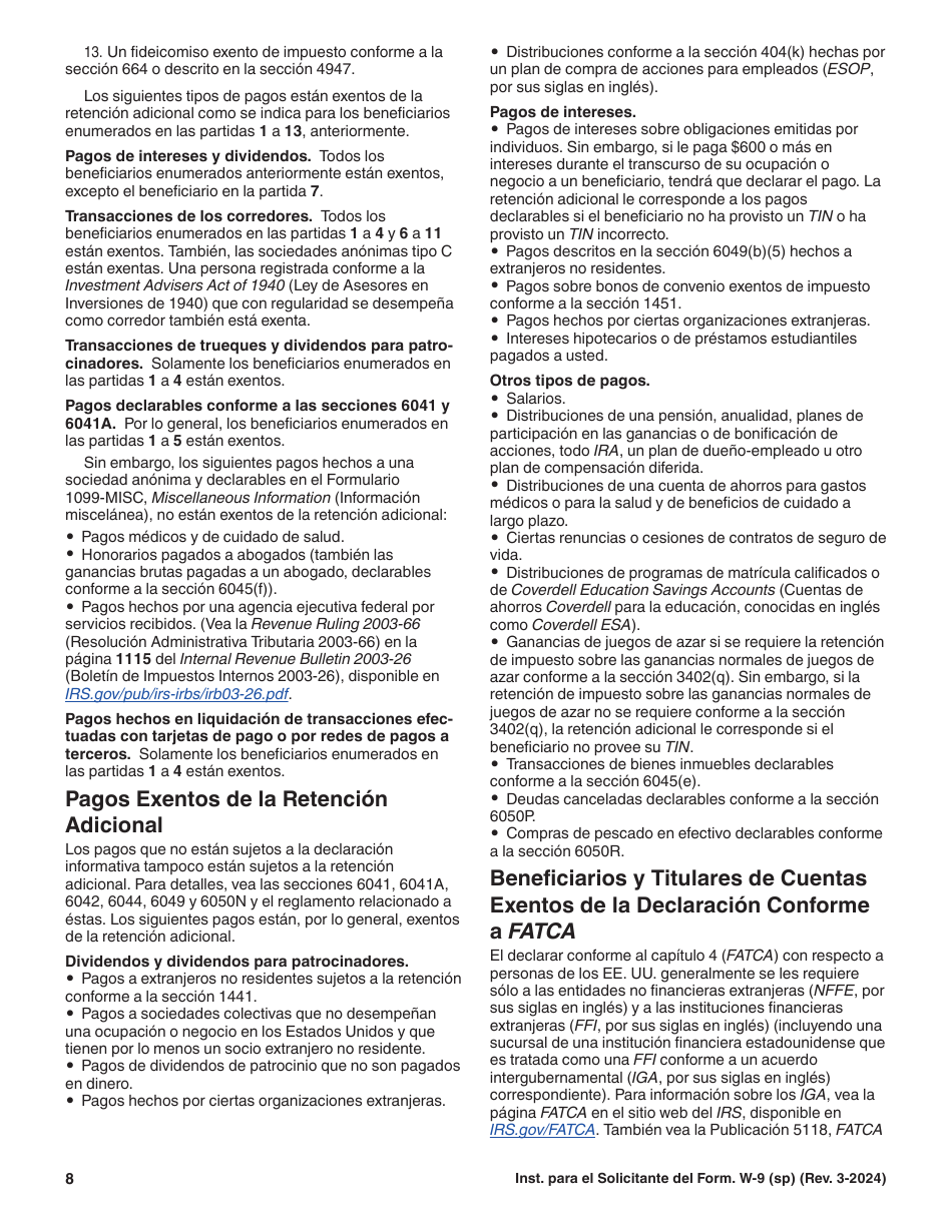 Instrucciones para IRS Formulario W-9 (SP) Solicitud Y Certificacion Del Numero De Identificacion Del Contribuyente (Spanish), Page 8