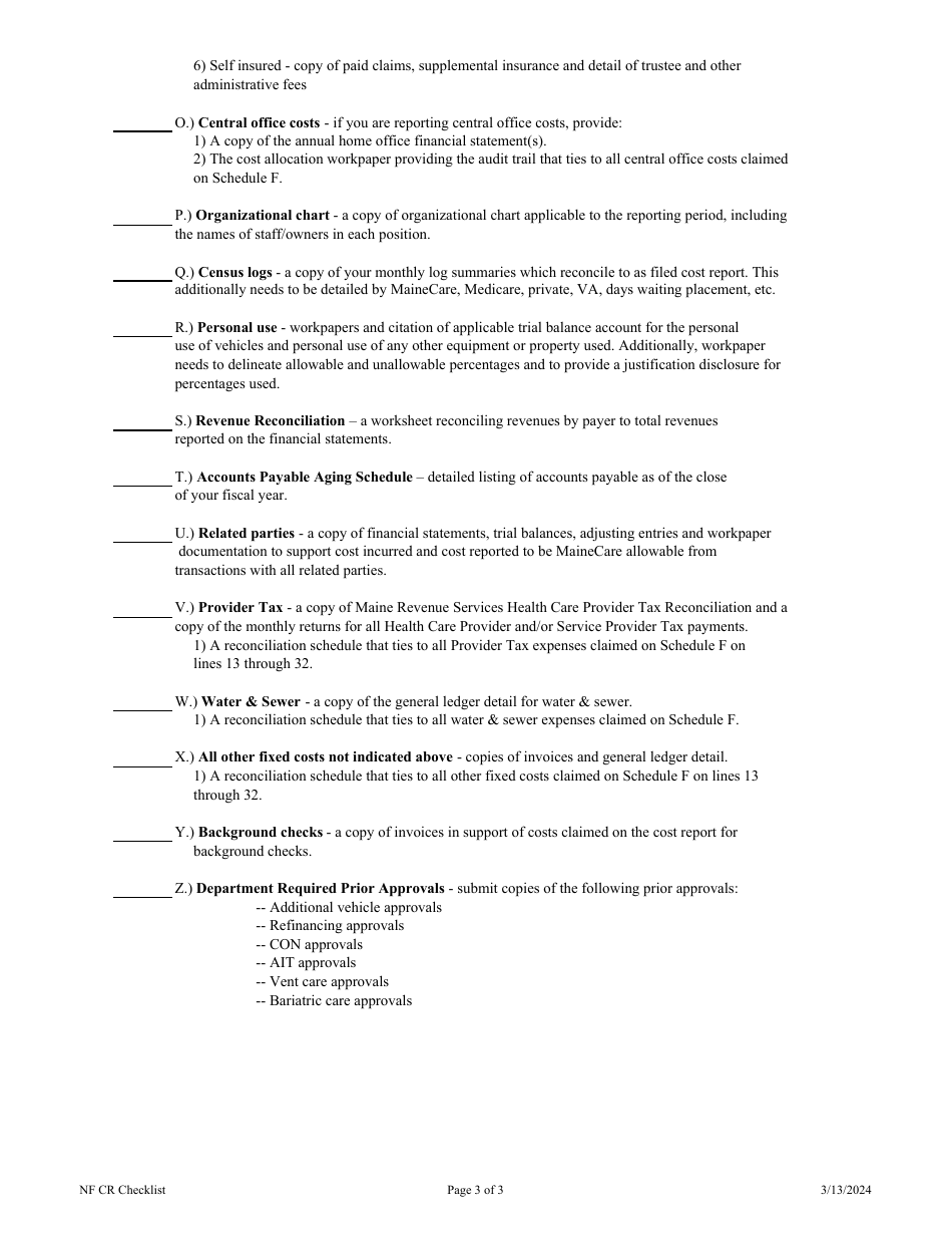 Mainecare Cost Report Checklist - Nursing Homes - Maine, Page 3