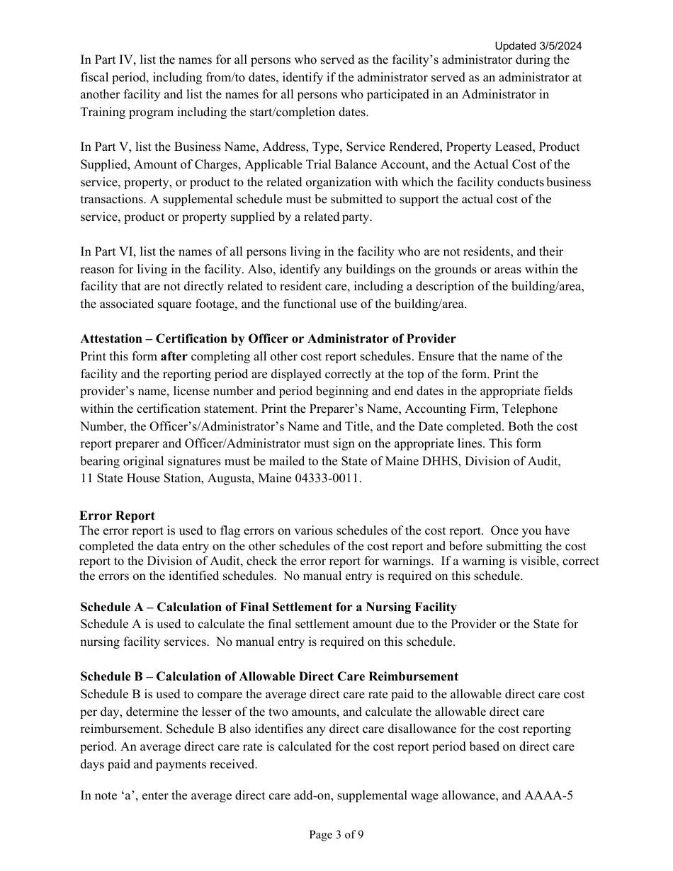 Instructions for Mainecare Cost Report for Nursing Facilities (Single Level) - Maine, Page 3