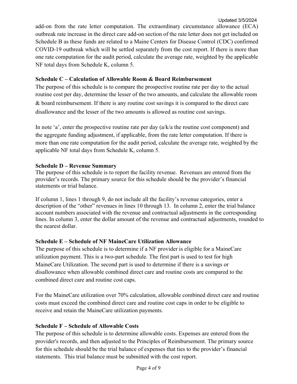 Instructions for Mainecare Cost Report for Nursing Facilities (Single Level) - Maine, Page 4