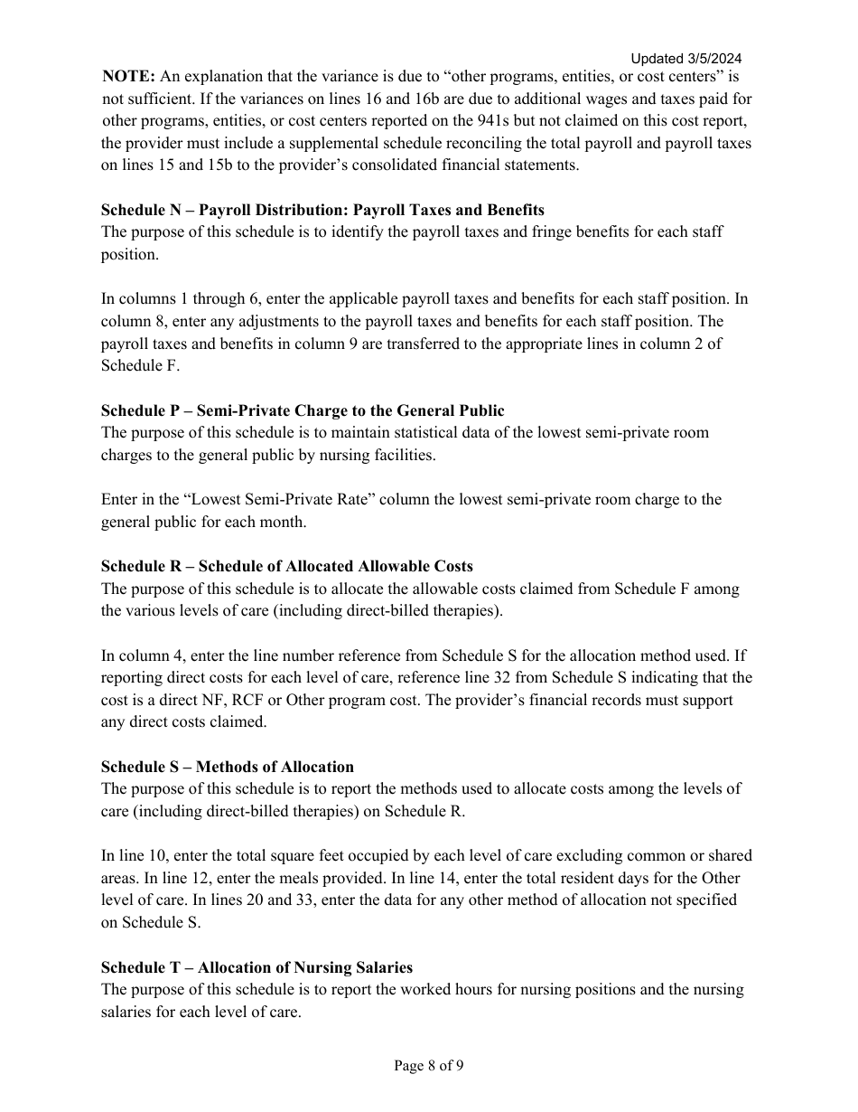 Instructions for Mainecare Cost Report for Nursing Facilities (Single Level) - Maine, Page 8