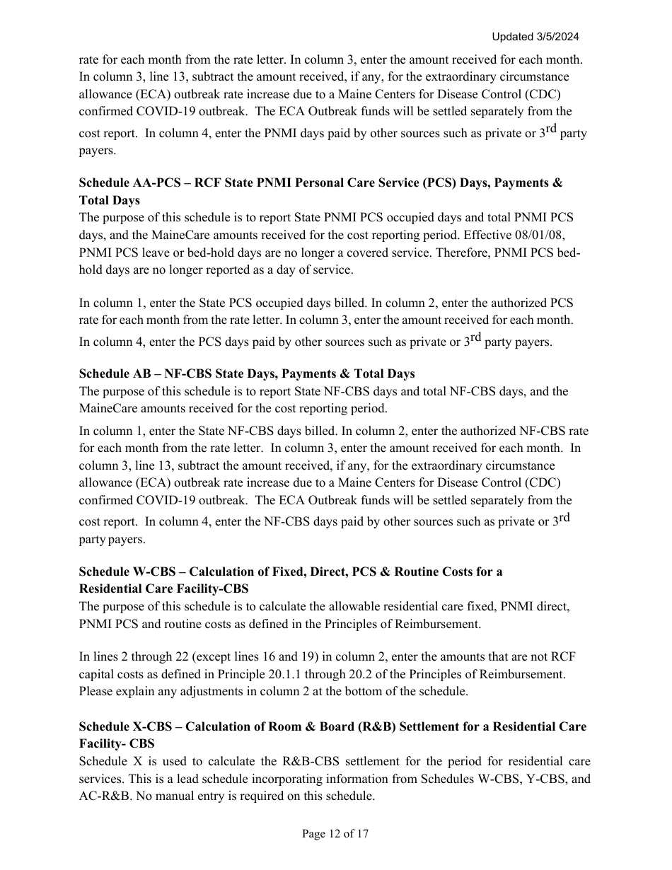 Instructions for Mainecare Cost Report for Multilevel Nursing Facilities With, 1 Rcf Unit, Nf Community Based Specialty, and Rcf Community Based Specialty - Maine, Page 12