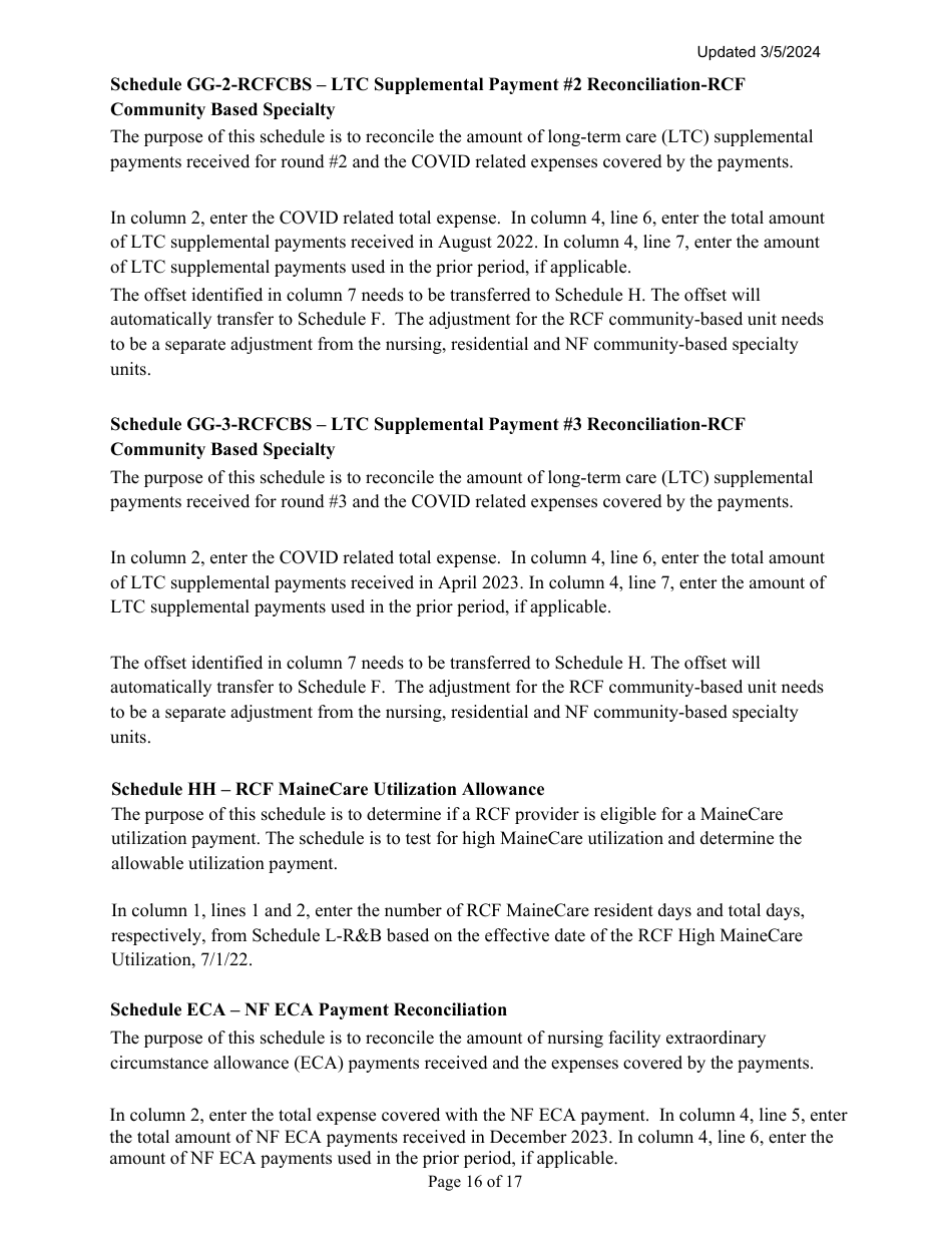 Instructions for Mainecare Cost Report for Multilevel Nursing Facilities With, 1 Rcf Unit, Nf Community Based Specialty, and Rcf Community Based Specialty - Maine, Page 16