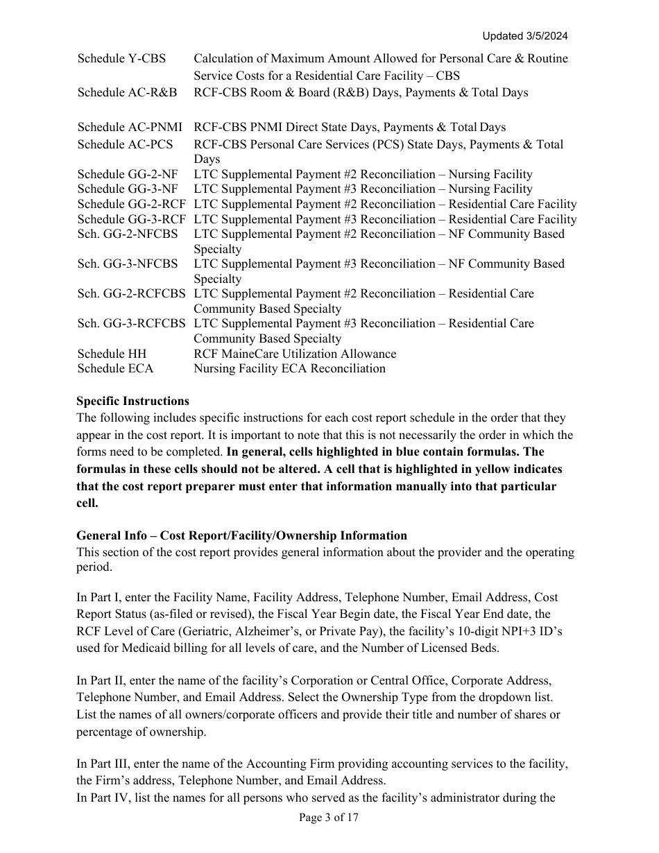 Instructions for Mainecare Cost Report for Multilevel Nursing Facilities With, 1 Rcf Unit, Nf Community Based Specialty, and Rcf Community Based Specialty - Maine, Page 3
