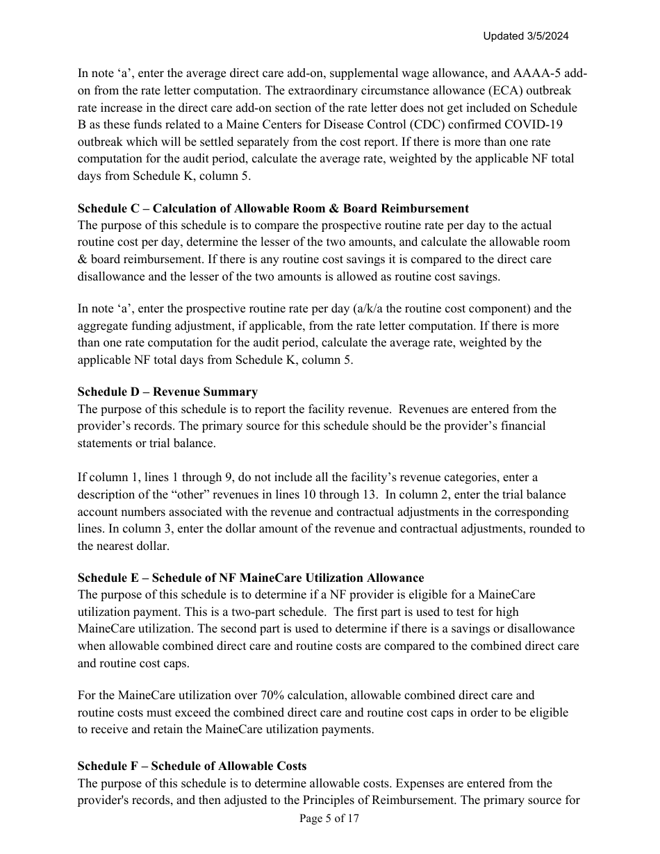 Instructions for Mainecare Cost Report for Multilevel Nursing Facilities With, 1 Rcf Unit, Nf Community Based Specialty, and Rcf Community Based Specialty - Maine, Page 5