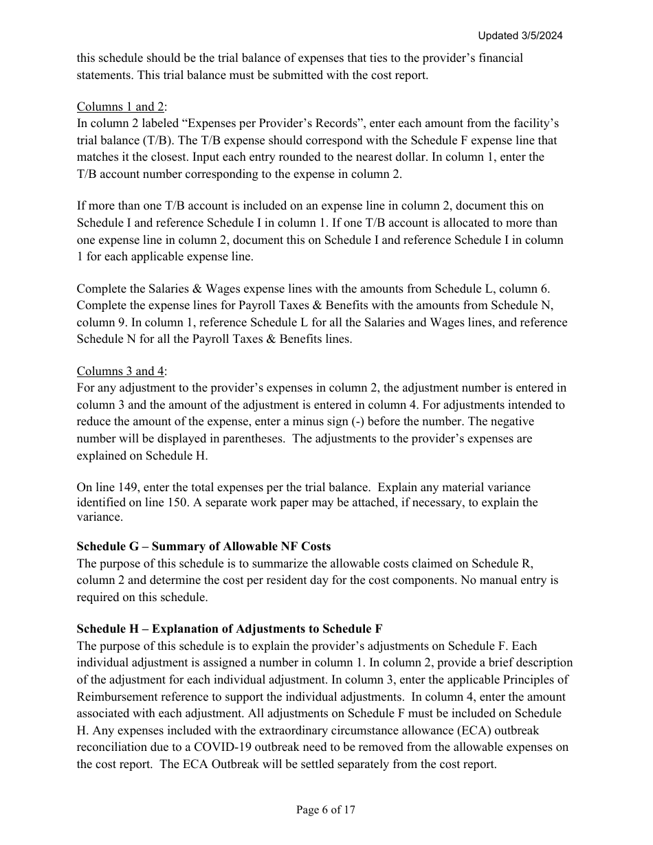 Instructions for Mainecare Cost Report for Multilevel Nursing Facilities With, 1 Rcf Unit, Nf Community Based Specialty, and Rcf Community Based Specialty - Maine, Page 6