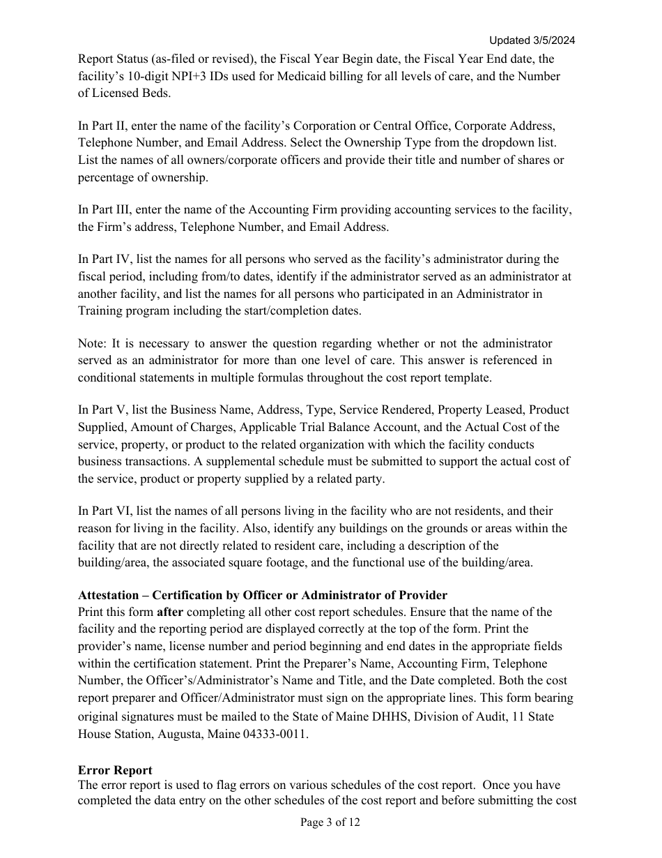 Instructions for Mainecare Cost Report for Multilevel Nursing Facilities With a Community Based Specialty (Cbs) Unit and a Brain Injury (BI) Unit - Maine, Page 3