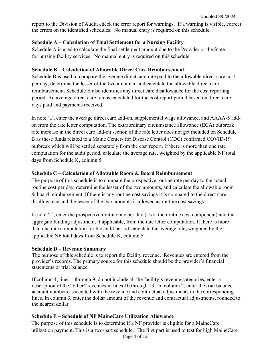 Instructions for Mainecare Cost Report for Multilevel Nursing Facilities With a Community Based Specialty (Cbs) Unit and a Brain Injury (BI) Unit - Maine, Page 4