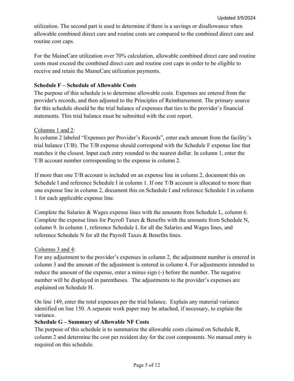 Instructions for Mainecare Cost Report for Multilevel Nursing Facilities With a Community Based Specialty (Cbs) Unit and a Brain Injury (BI) Unit - Maine, Page 5