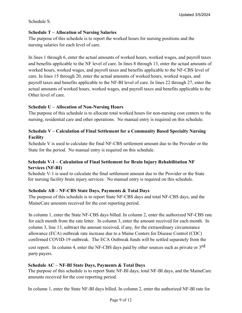Instructions for Mainecare Cost Report for Multilevel Nursing Facilities With a Community Based Specialty (Cbs) Unit and a Brain Injury (BI) Unit - Maine, Page 9