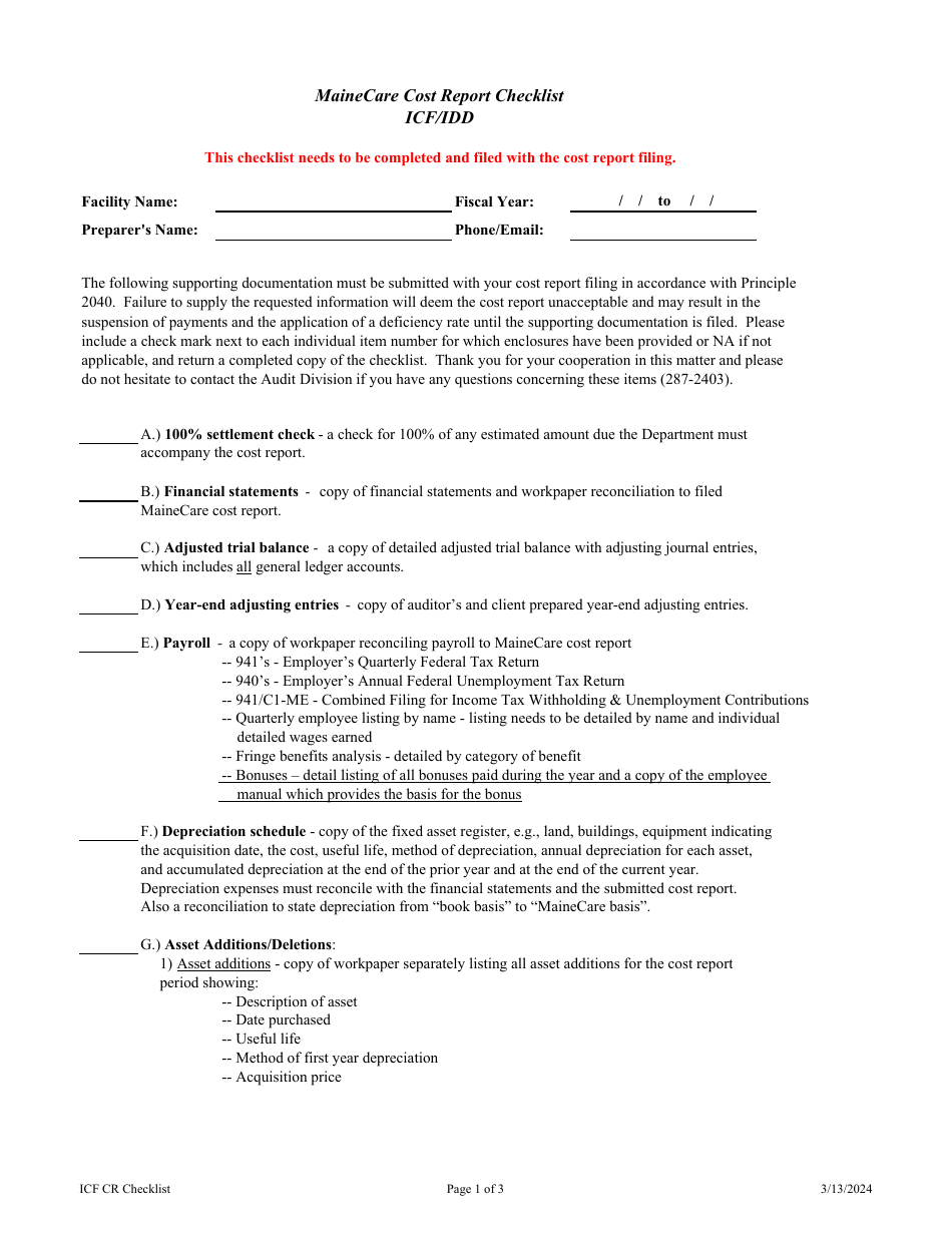 Mainecare Cost Report Checklist - Intermediate Care Facility for Individuals With Intellectual Disabilities (Icf / Iid) - Maine, Page 1