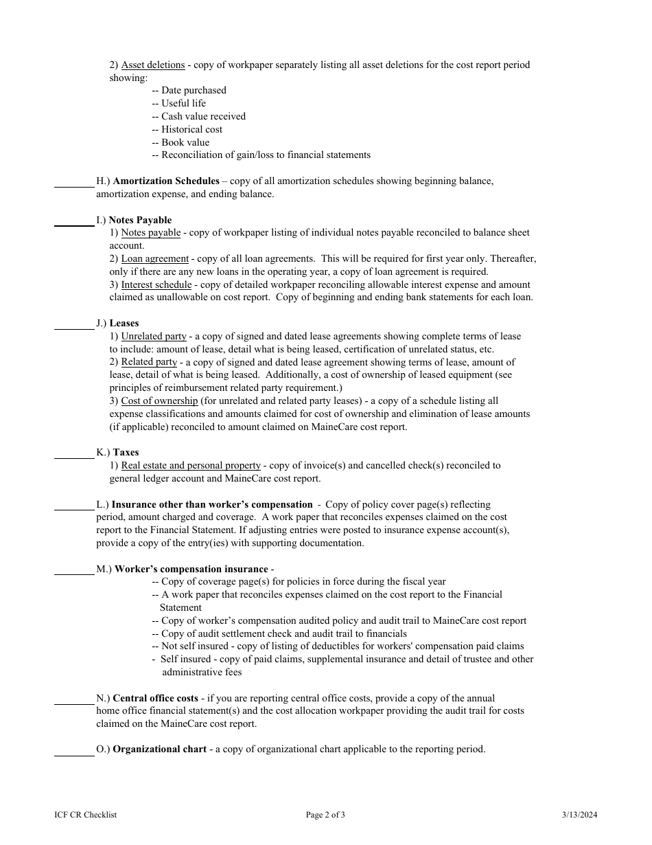 Maine Mainecare Cost Report Checklist - Intermediate Care Facility for ...