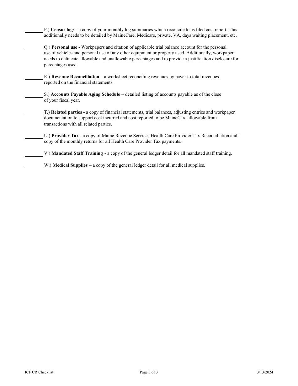 Maine Mainecare Cost Report Checklist - Intermediate Care Facility for ...