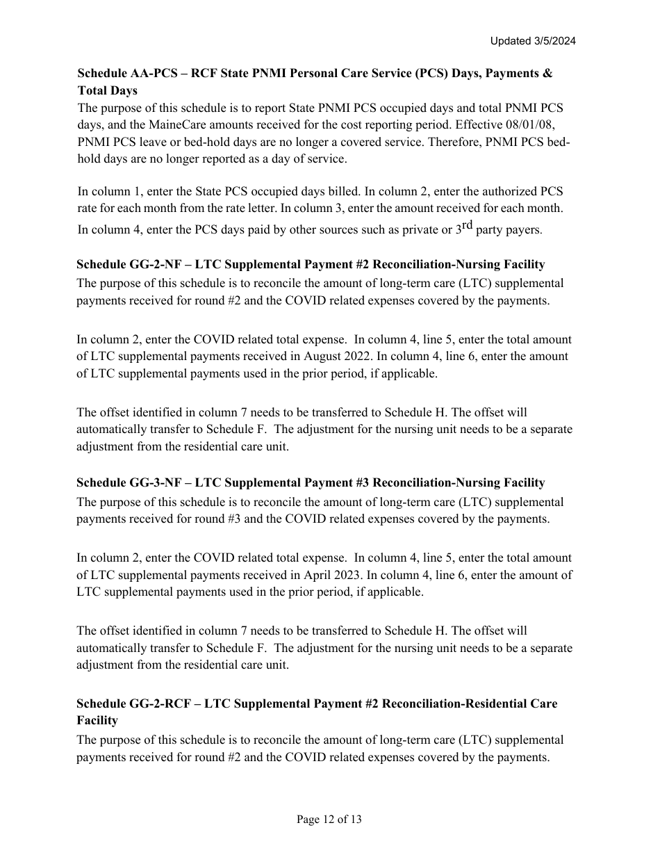 Instructions for Mainecare Cost Report for Multilevel Nursing Facilities With 1 Rcf Unit - Maine, Page 12