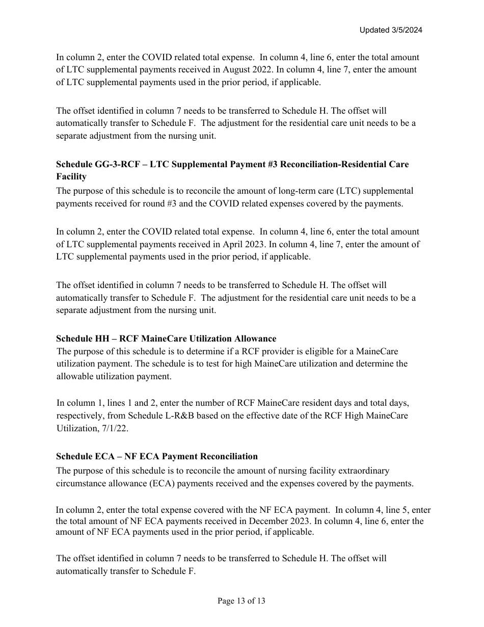 Instructions for Mainecare Cost Report for Multilevel Nursing Facilities With 1 Rcf Unit - Maine, Page 13