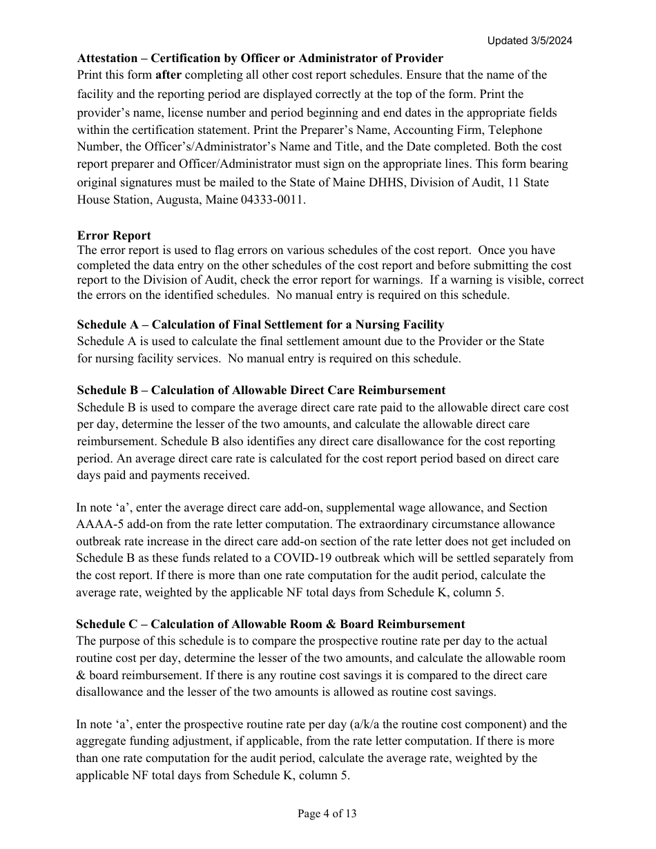 Instructions for Mainecare Cost Report for Multilevel Nursing Facilities With 1 Rcf Unit - Maine, Page 4