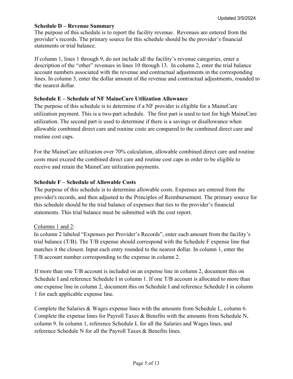 Instructions for Mainecare Cost Report for Multilevel Nursing Facilities With 1 Rcf Unit - Maine, Page 5