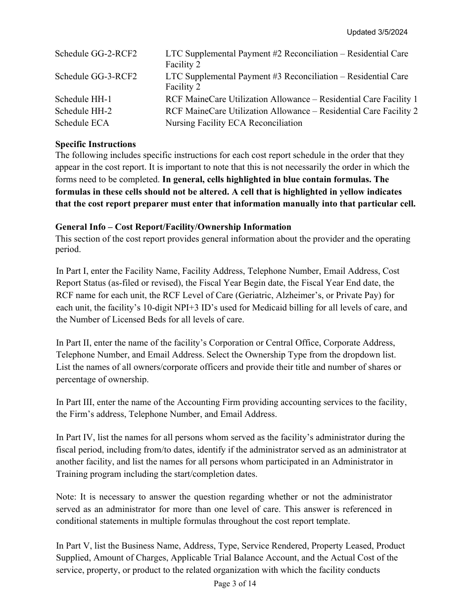 Instructions for Mainecare Cost Report for Multilevel Nursing Facilities With 2 Rcf Units - Maine, Page 3