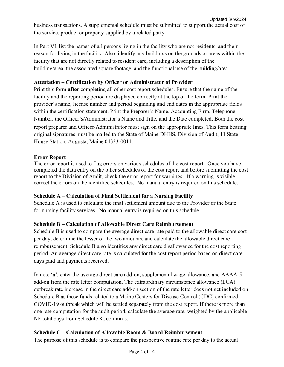 Instructions for Mainecare Cost Report for Multilevel Nursing Facilities With 2 Rcf Units - Maine, Page 4