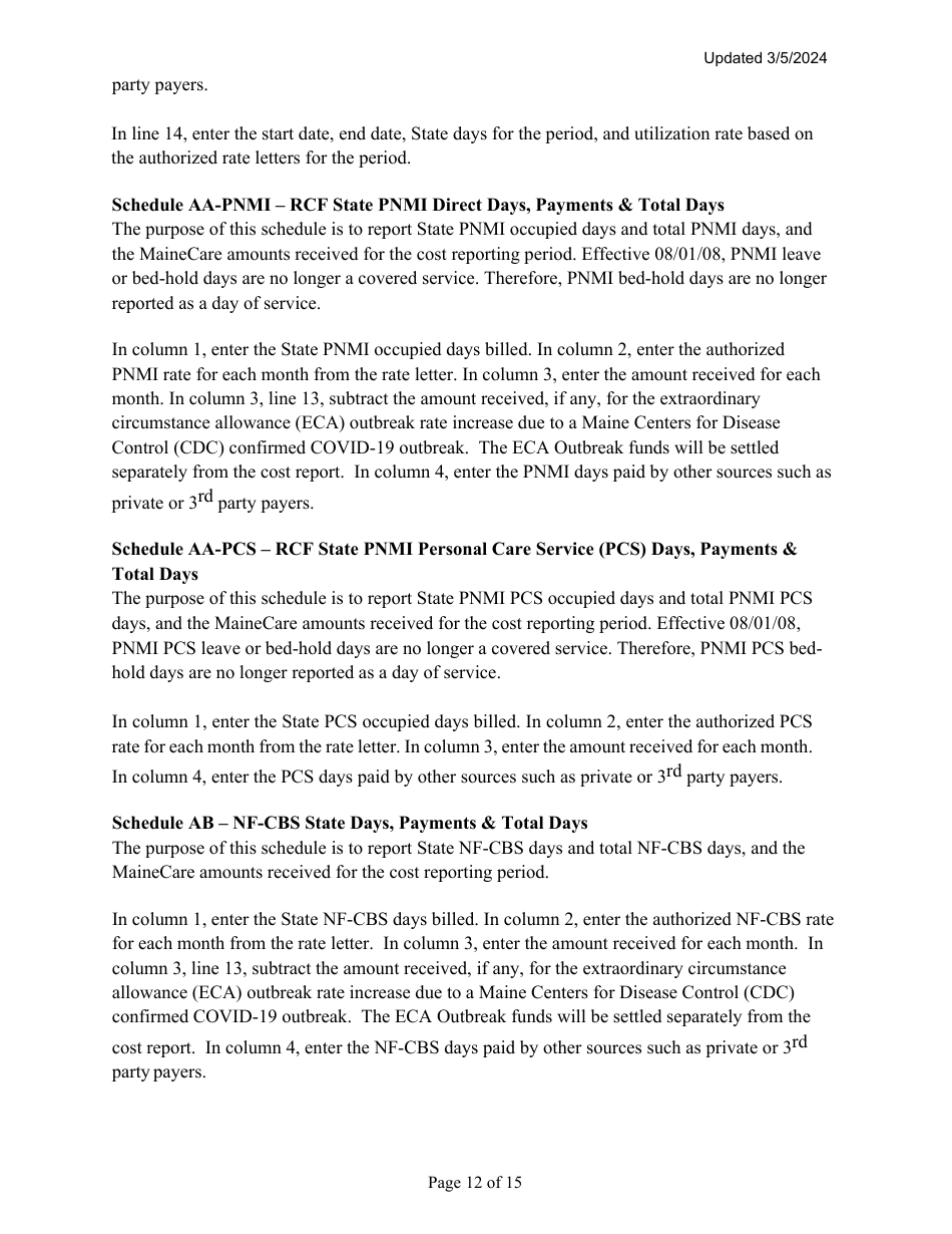Instructions for Mainecare Cost Report for Multilevel Nursing Facilities With 1 Rcf Unit and Community Based Specialty (Cbs) Unit - Maine, Page 12