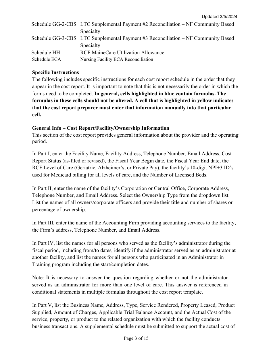 Instructions for Mainecare Cost Report for Multilevel Nursing Facilities With 1 Rcf Unit and Community Based Specialty (Cbs) Unit - Maine, Page 3