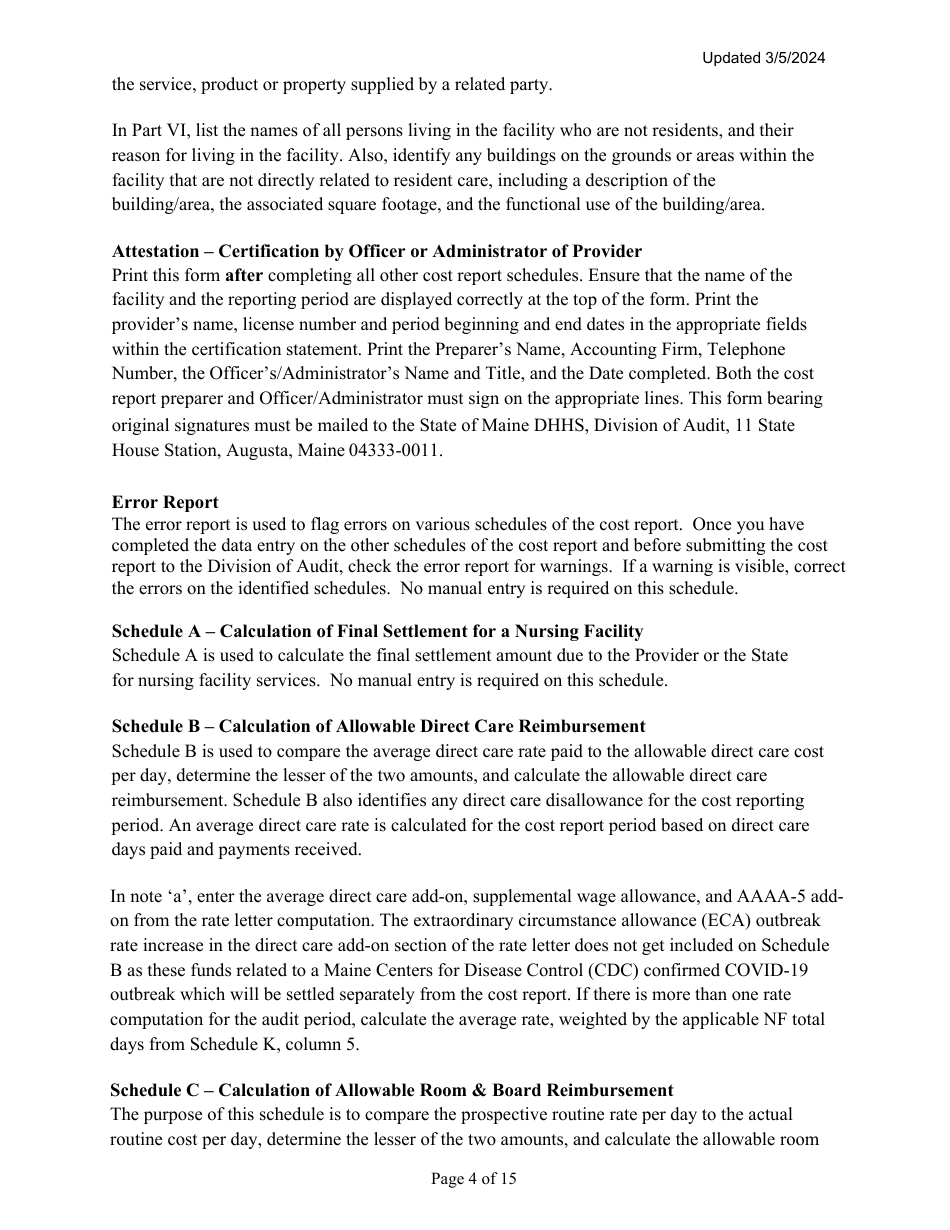 Instructions for Mainecare Cost Report for Multilevel Nursing Facilities With 1 Rcf Unit and Community Based Specialty (Cbs) Unit - Maine, Page 4