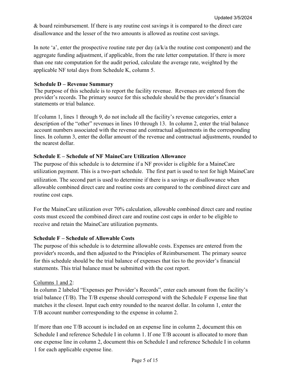 Instructions for Mainecare Cost Report for Multilevel Nursing Facilities With 1 Rcf Unit and Community Based Specialty (Cbs) Unit - Maine, Page 5
