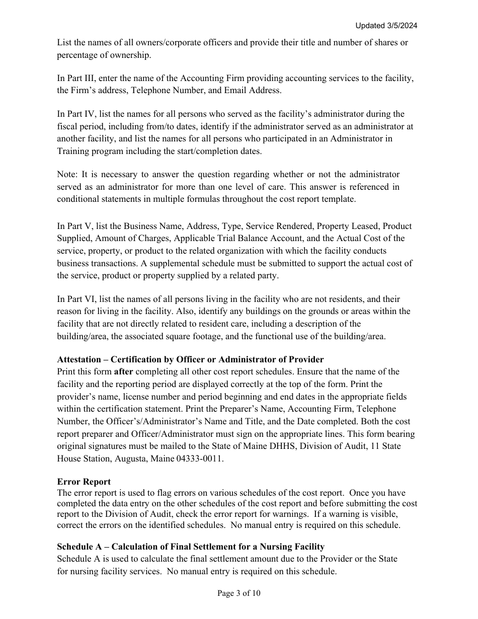 Instructions for Mainecare Cost Report for Nursing Facilities With Brain Injury Unit - Maine, Page 3