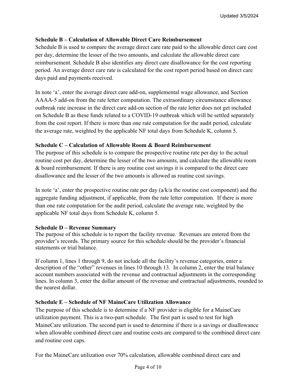Instructions for Mainecare Cost Report for Nursing Facilities With Brain Injury Unit - Maine, Page 4