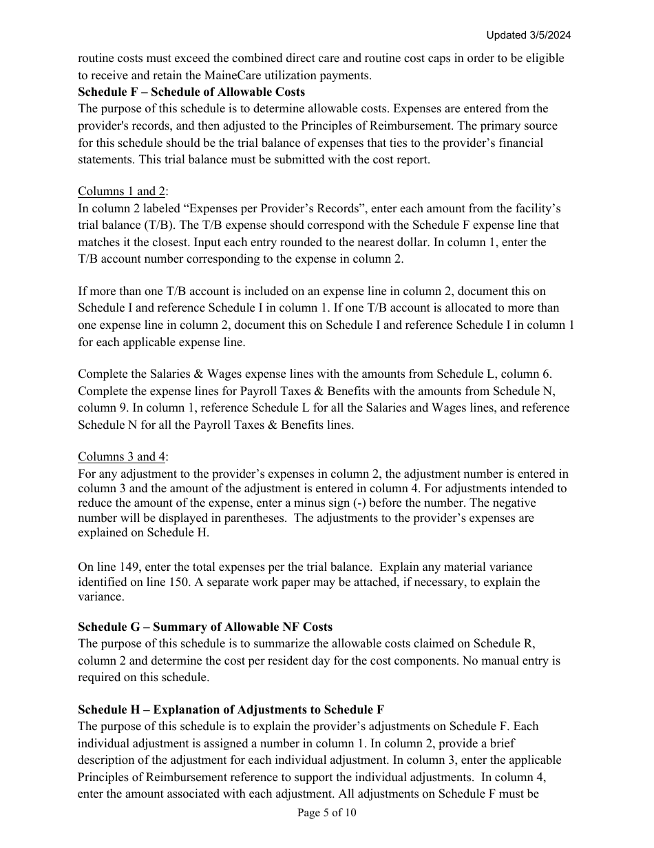 Instructions for Mainecare Cost Report for Nursing Facilities With Brain Injury Unit - Maine, Page 5