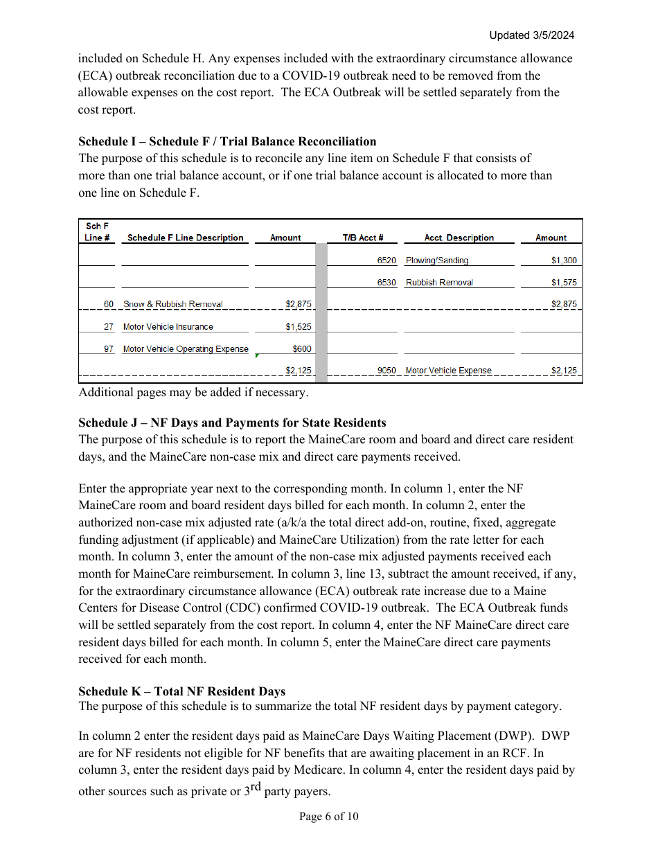 Instructions for Mainecare Cost Report for Nursing Facilities With Brain Injury Unit - Maine, Page 6