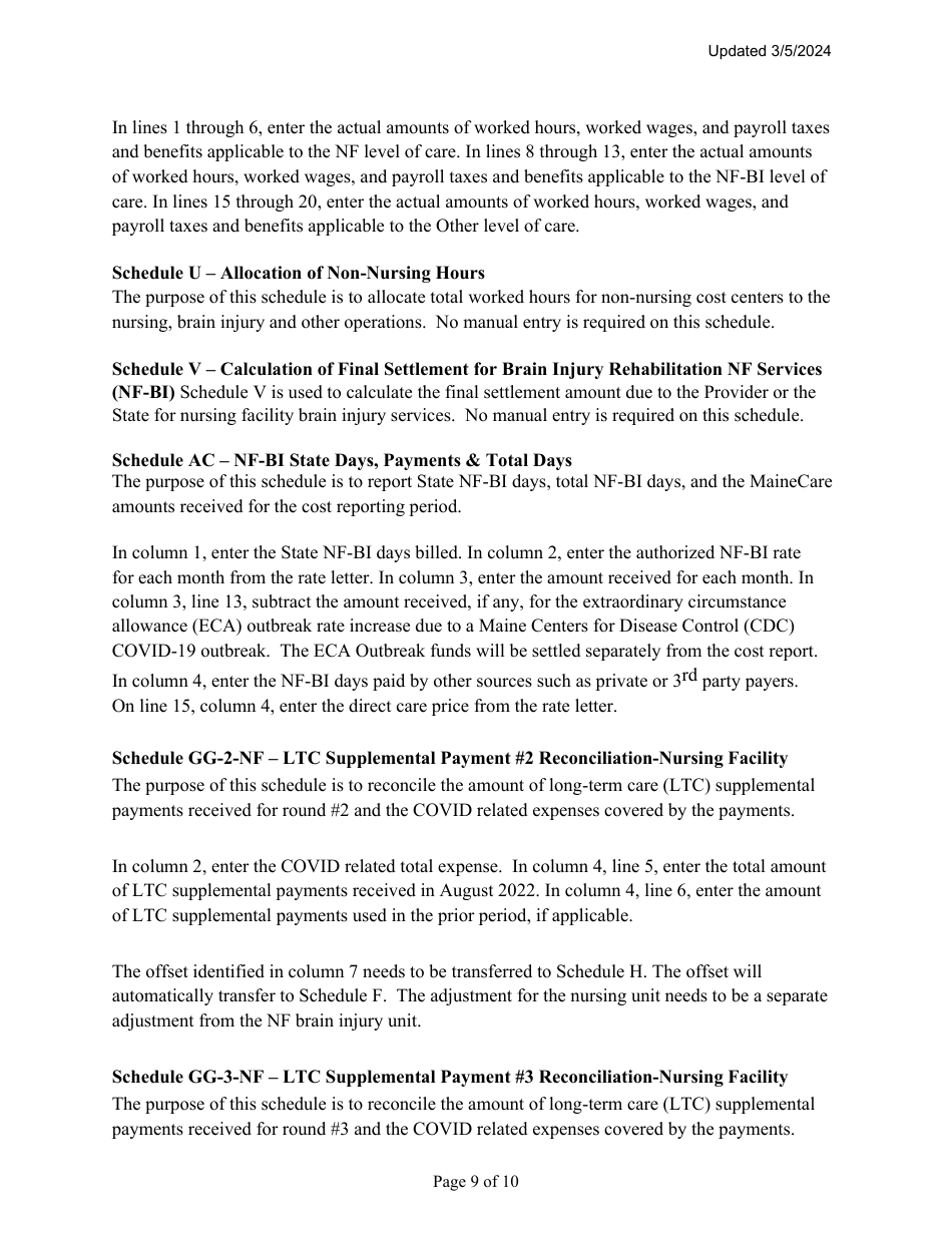 Instructions for Mainecare Cost Report for Nursing Facilities With Brain Injury Unit - Maine, Page 9