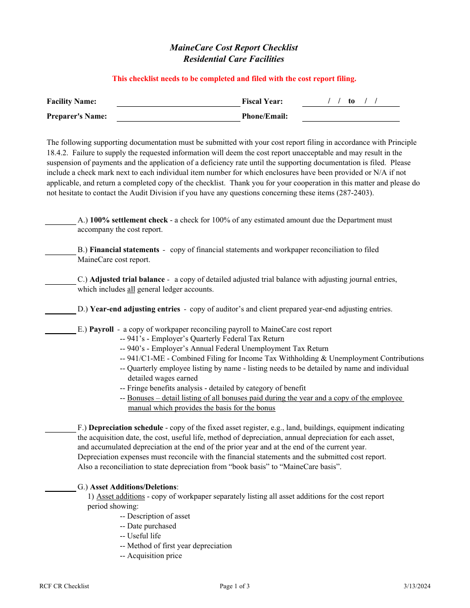 Mainecare Cost Report Checklist - Residential Care Facilities - Maine, Page 1