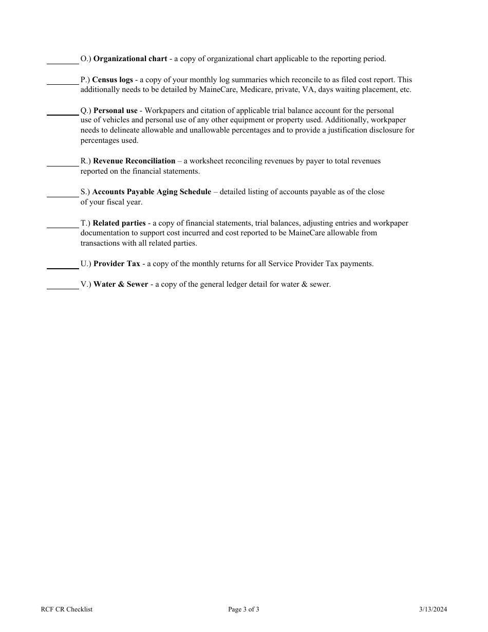 Mainecare Cost Report Checklist - Residential Care Facilities - Maine, Page 3
